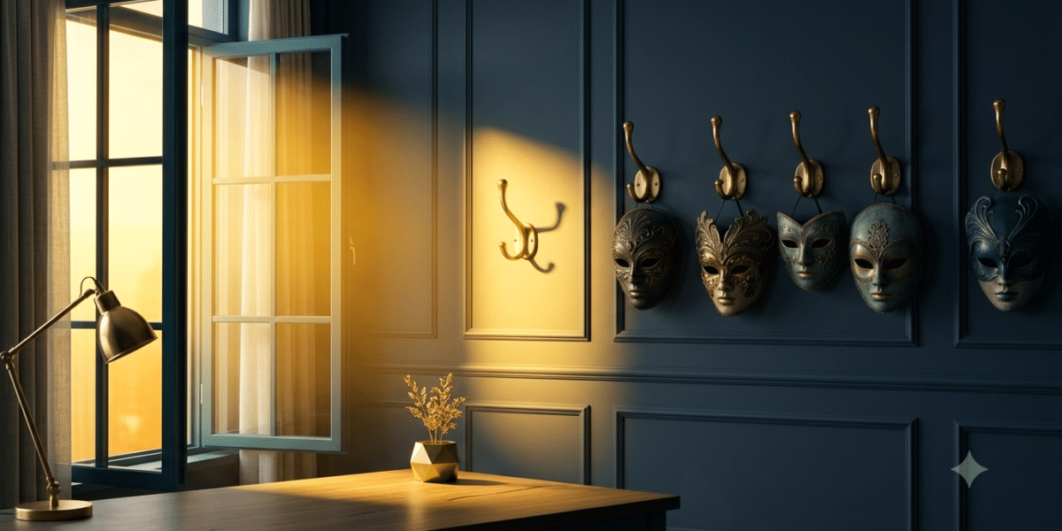 Máscaras elegantes colgadas junto a una ventana con luz, símbolo de autenticidad en Mi Vida SAS