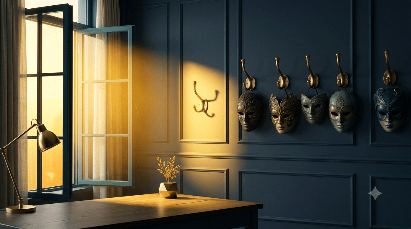 Máscaras elegantes colgadas junto a una ventana con luz, símbolo de autenticidad en Mi Vida SAS